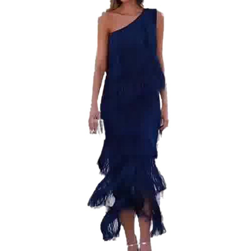 Solid Color Diagonal Multi-layer Tassel Dress