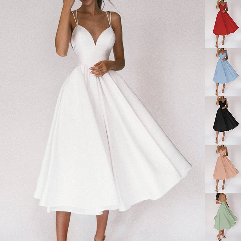 Solid V-neck Suspender Dress