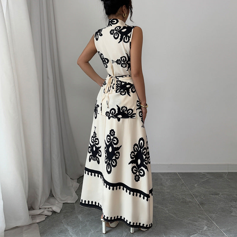 Sleeveless Blouse Lace-up Skirt