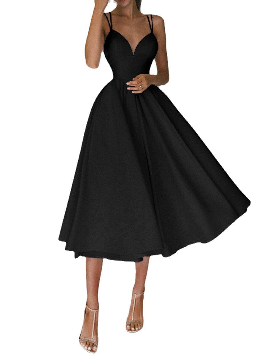 Solid V-neck Suspender Dress