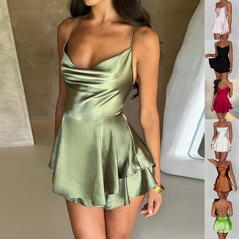 Elegant satin backless lace-up short dress from M Chic Boutique, featuring a stylish design and smooth fabric.