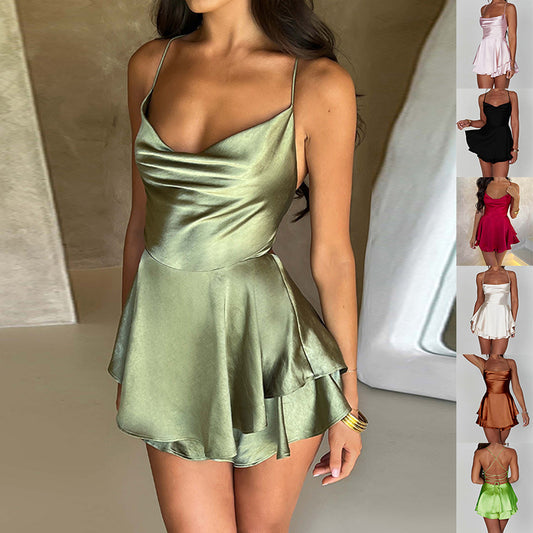 Elegant satin backless lace-up short dress from M Chic Boutique, featuring a stylish design and smooth fabric.