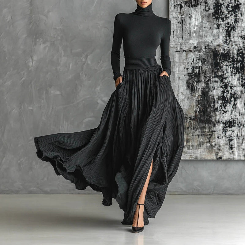 High-neck 2 piece set dress in elegant fabric, featuring a fitted top and flowing skirt from M Chic Boutique.