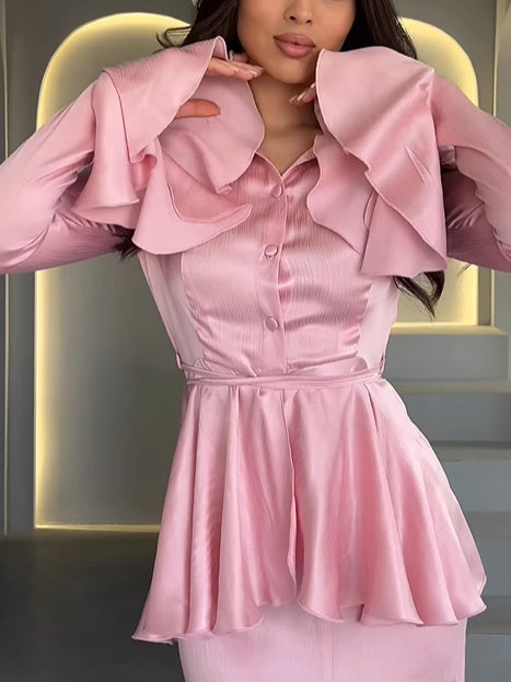 Solid Bell Sleeve Ruffle Blouse