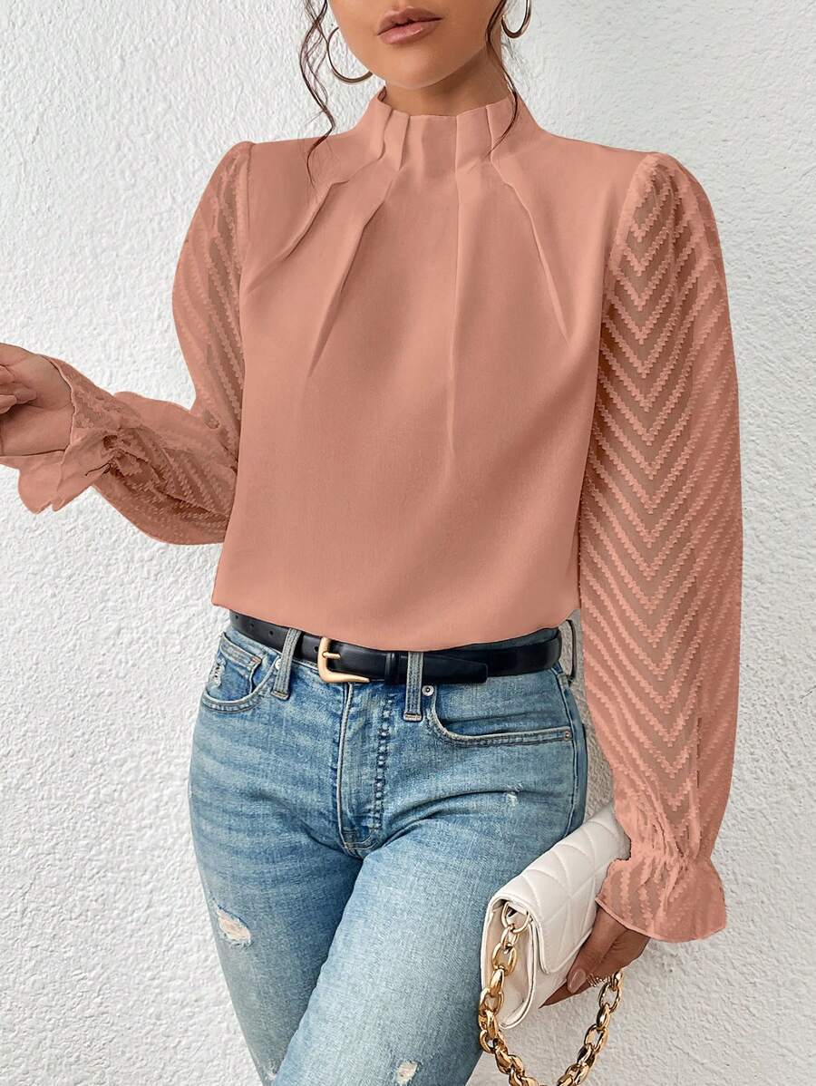 Half-turtleneck Stitching Wavy Chiffon Top