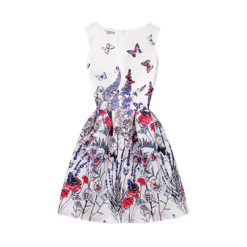 M Chic Boutique printed A-line dress featuring a vibrant floral pattern and a flattering silhouette on a mannequin.