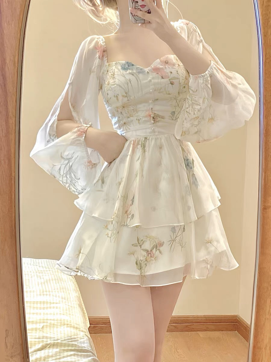 Waist-tight French Style Long Sleeve Floral Dress