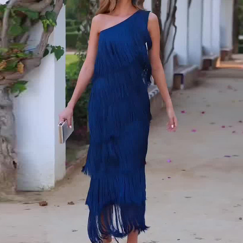 Solid Color Diagonal Multi-layer Tassel Dress
