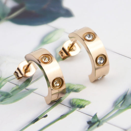 Stainless Steel C-shaped 4 Diamond Earrings