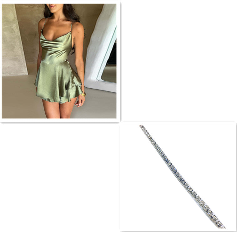 Elegant satin backless lace-up short dress from M Chic Boutique, showcasing a sleek, stylish design with a fitted silhouette.