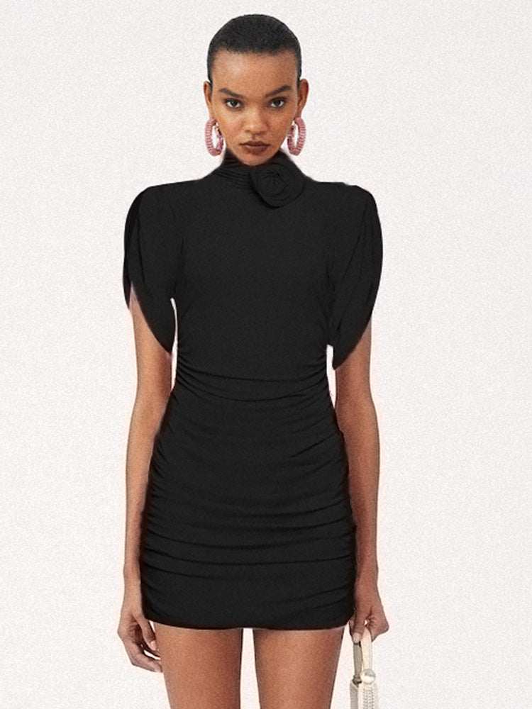 French Three-dimensional Turtleneck Pleated Dress