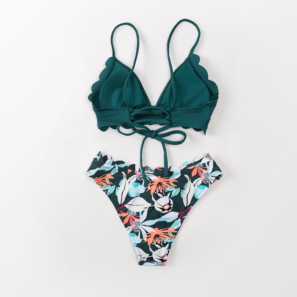 Floral scalloped bikini set by M Chic Boutique featuring a stylish swim suit with floral print and scalloped edges.