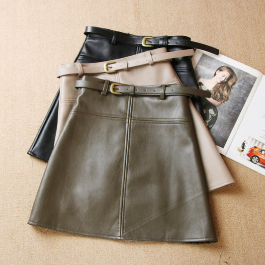 High Waist All-match Thin PU Skirt