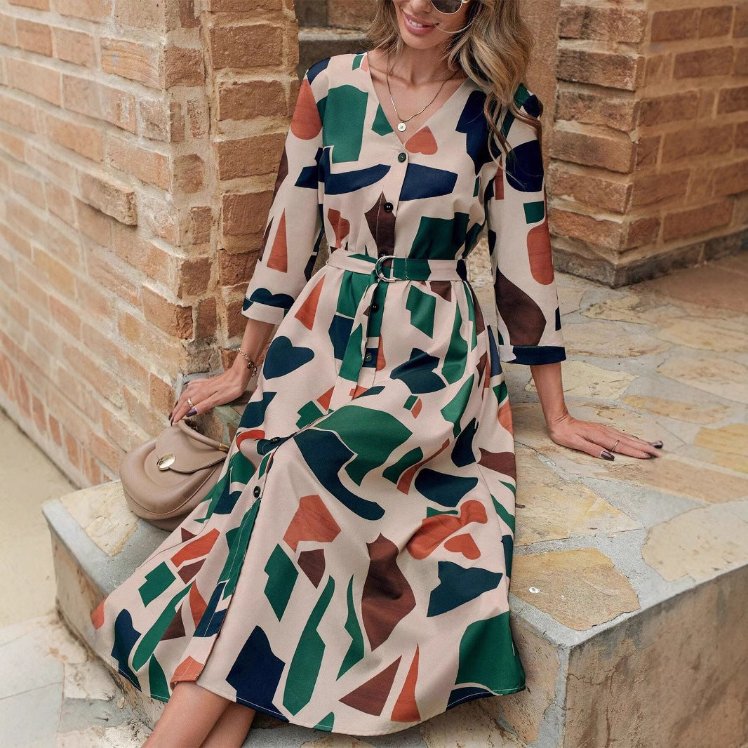 V-neck Printed Belt Dress