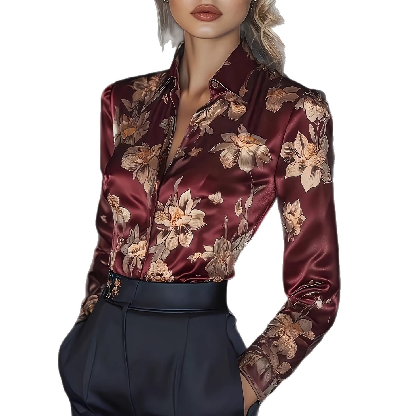 Satin Long-Sleeve Shirt - M Chic Boutique
