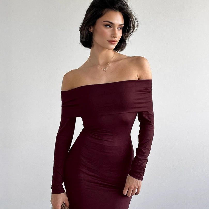 Off-the-shoulder sheath dress in elegant design by M Chic Boutique, showcasing fitted silhouette and stylish neckline.