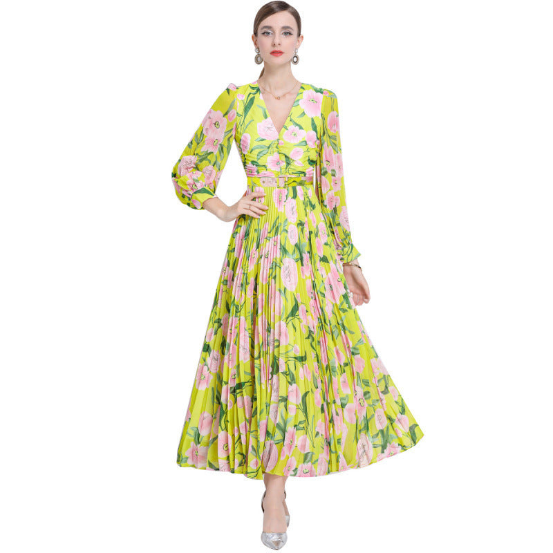 French Style Floral Slim-fitting Pleated Floral Skirt