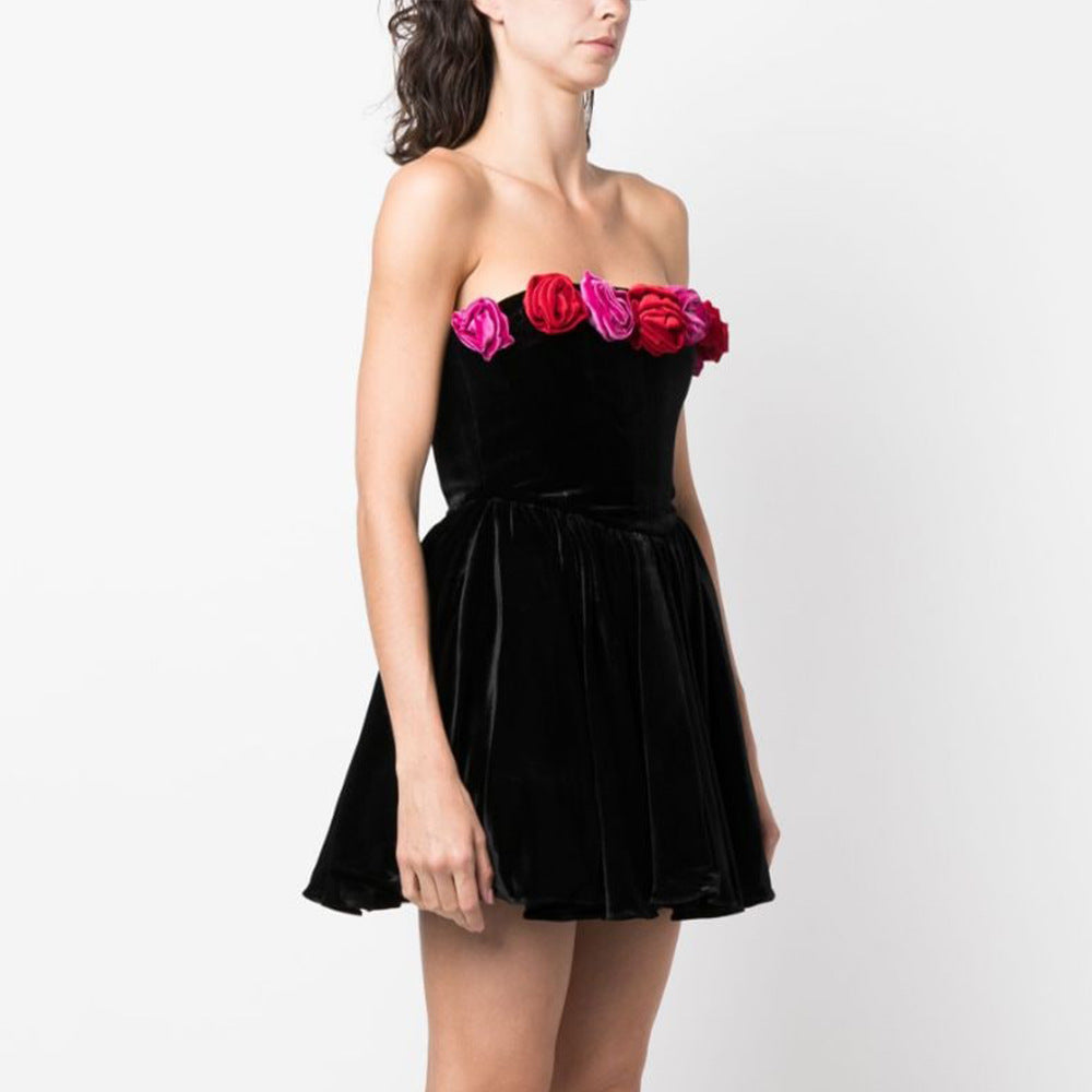 Tube Top Flower Decoration Contrasting-color Dress