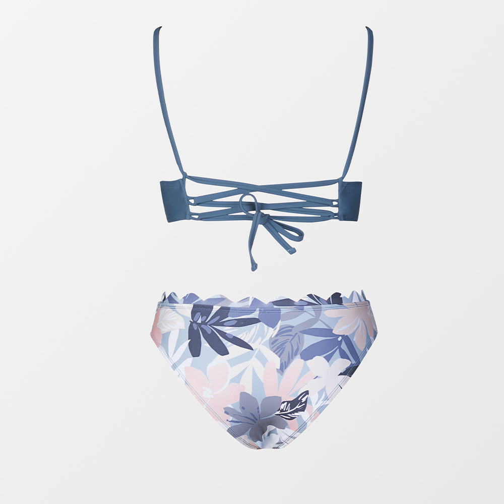 Floral scalloped bikini set from M Chic Boutique, stylish swim suit with vibrant floral pattern and scalloped edges.