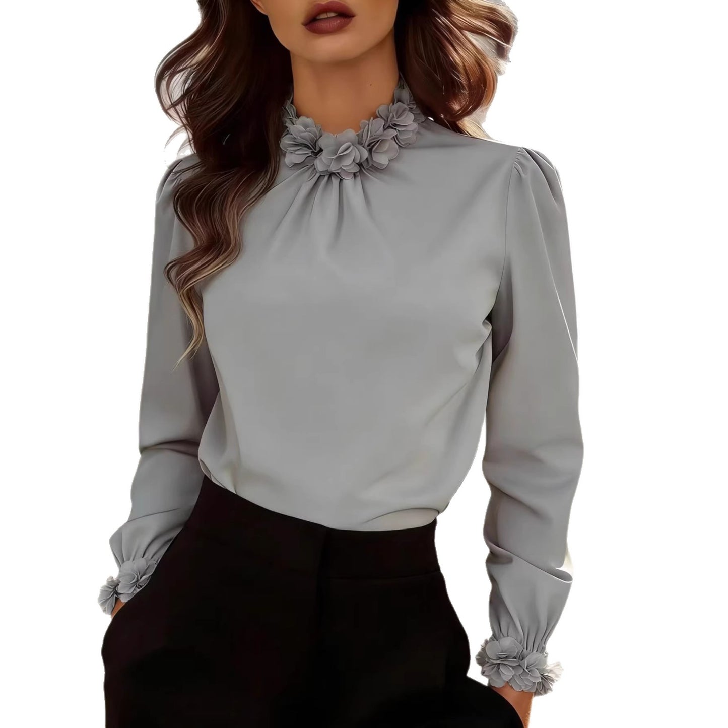 Elegant M Chic Boutique long-sleeve blouse in a French style, featuring delicate details and a soft fabric drape.