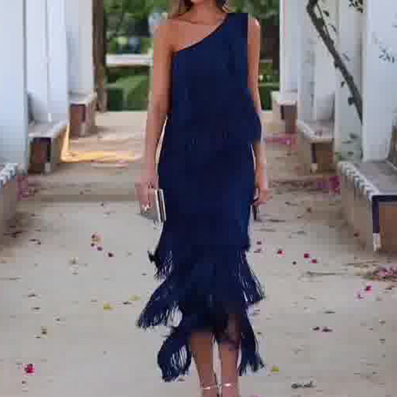 Solid Color Diagonal Multi-layer Tassel Dress