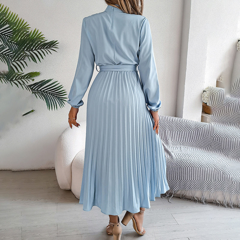 High Neck Long Sleeve Pleated Maxi Dress