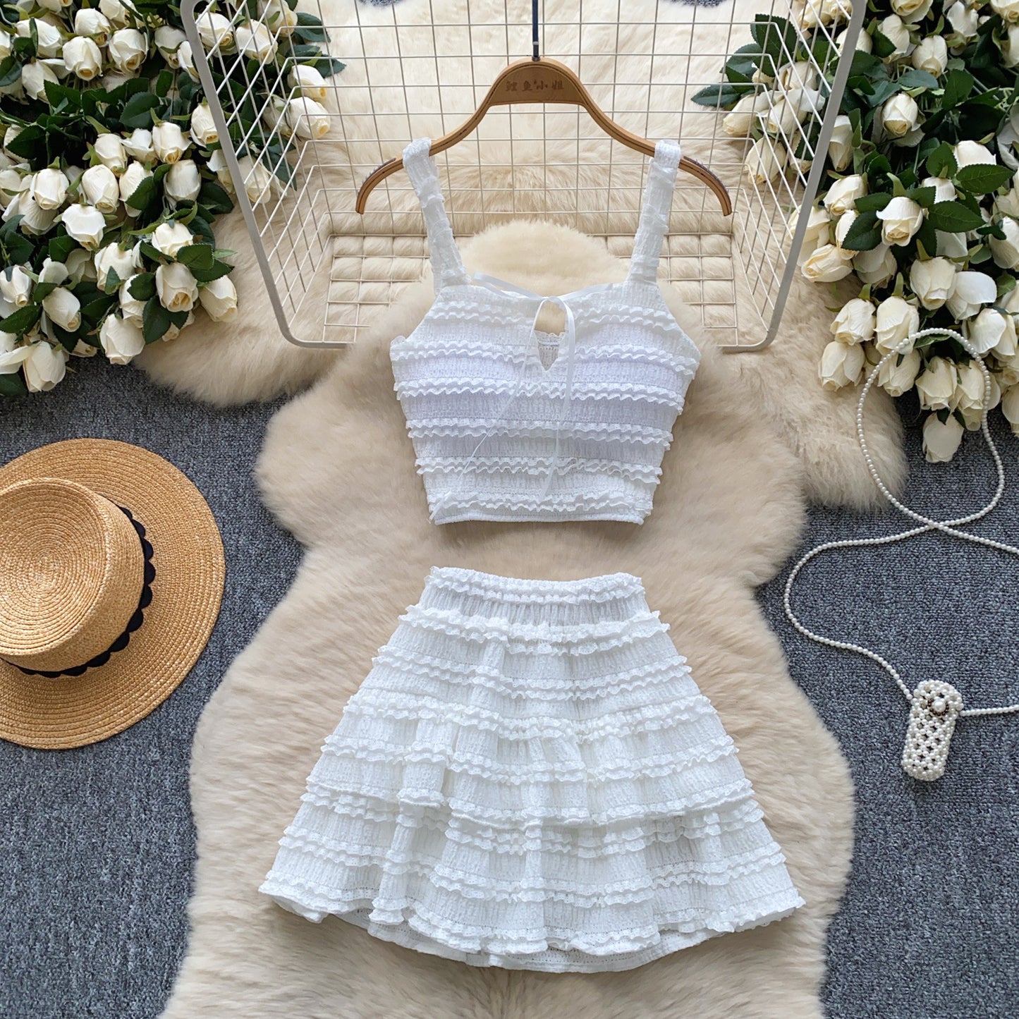 Two-piece set featuring a square-neck slip dress with high waist, pleated ruffled hem, by M Chic Boutique.