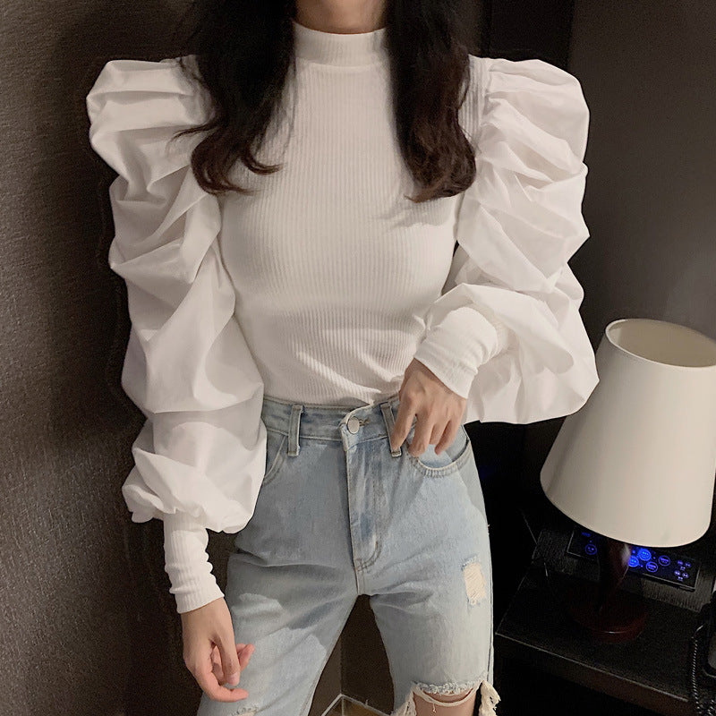 Solid-Color French-Style Designer Puff-Sleeve Shirt - M Chic Boutique