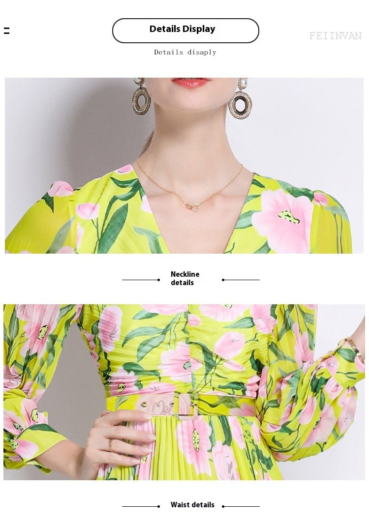 French Style Floral Slim-fitting Pleated Floral Skirt