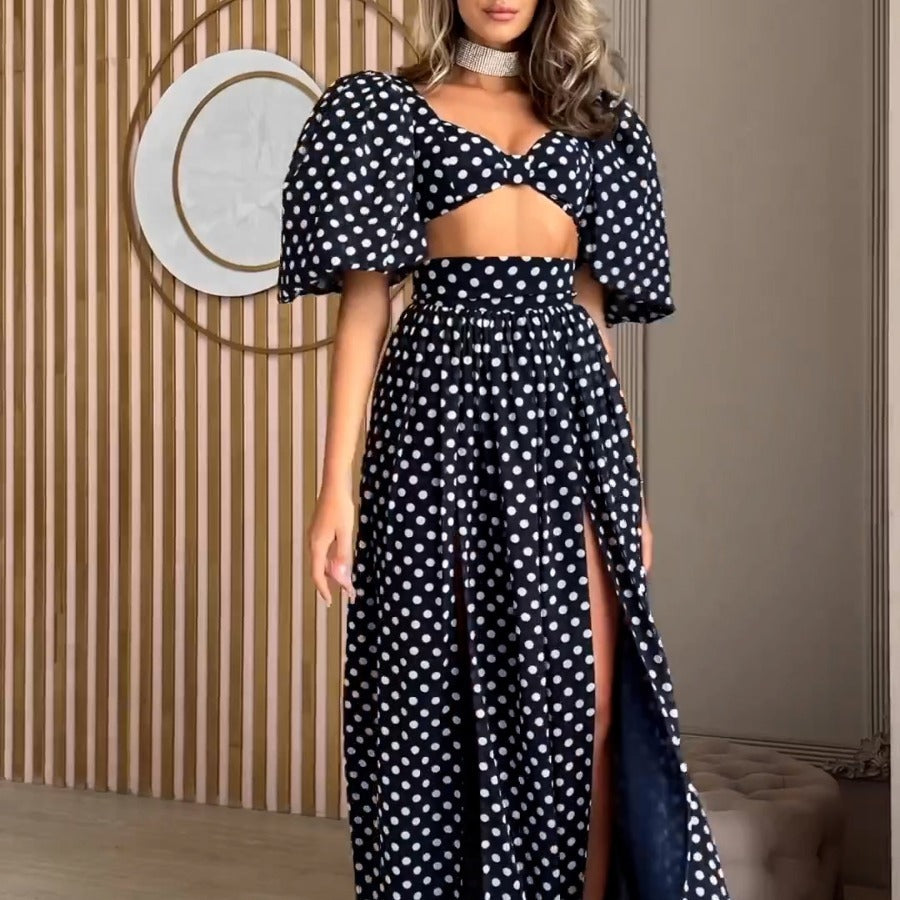 Puff Sleeve Slit Polka Dot Dress