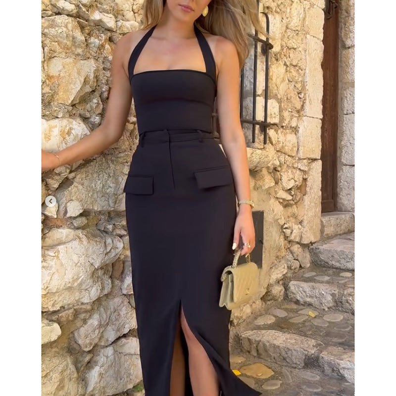 Simple Halter Top Split Skirt Suit