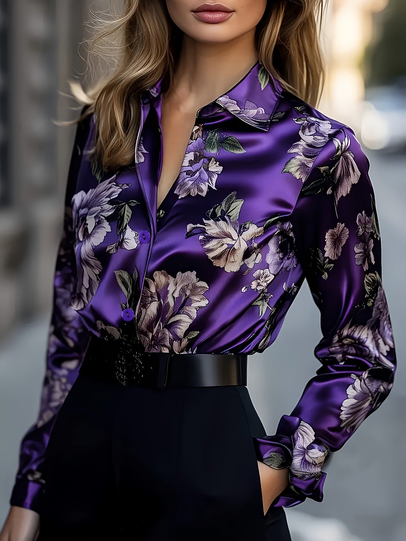 Satin Long-Sleeve Shirt - M Chic Boutique
