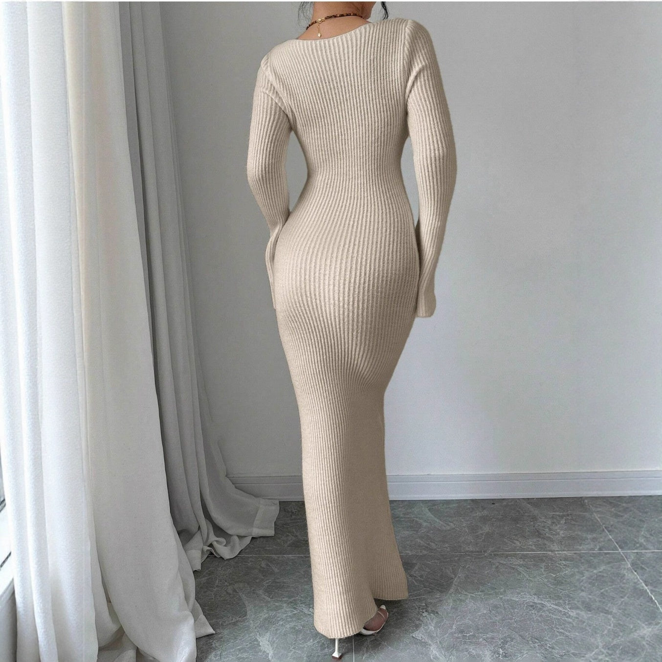 V-neck Waist Trimming Knitted Dress