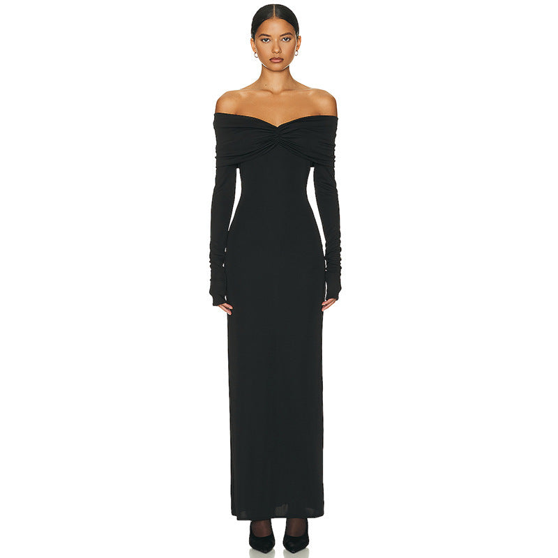 Solid Color French Style Off-shoulder Long Sleeve Dress