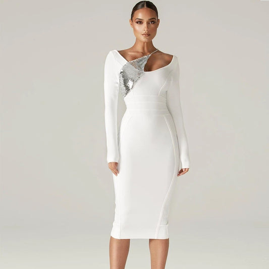 Solid Elegant Sequin Long Sleeve Bandage Dress