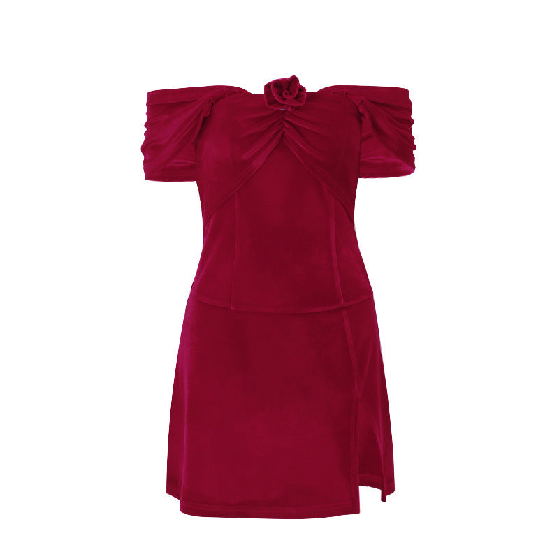 Off-shoulder European Tube Top Flower Slim Fit Slit Dress