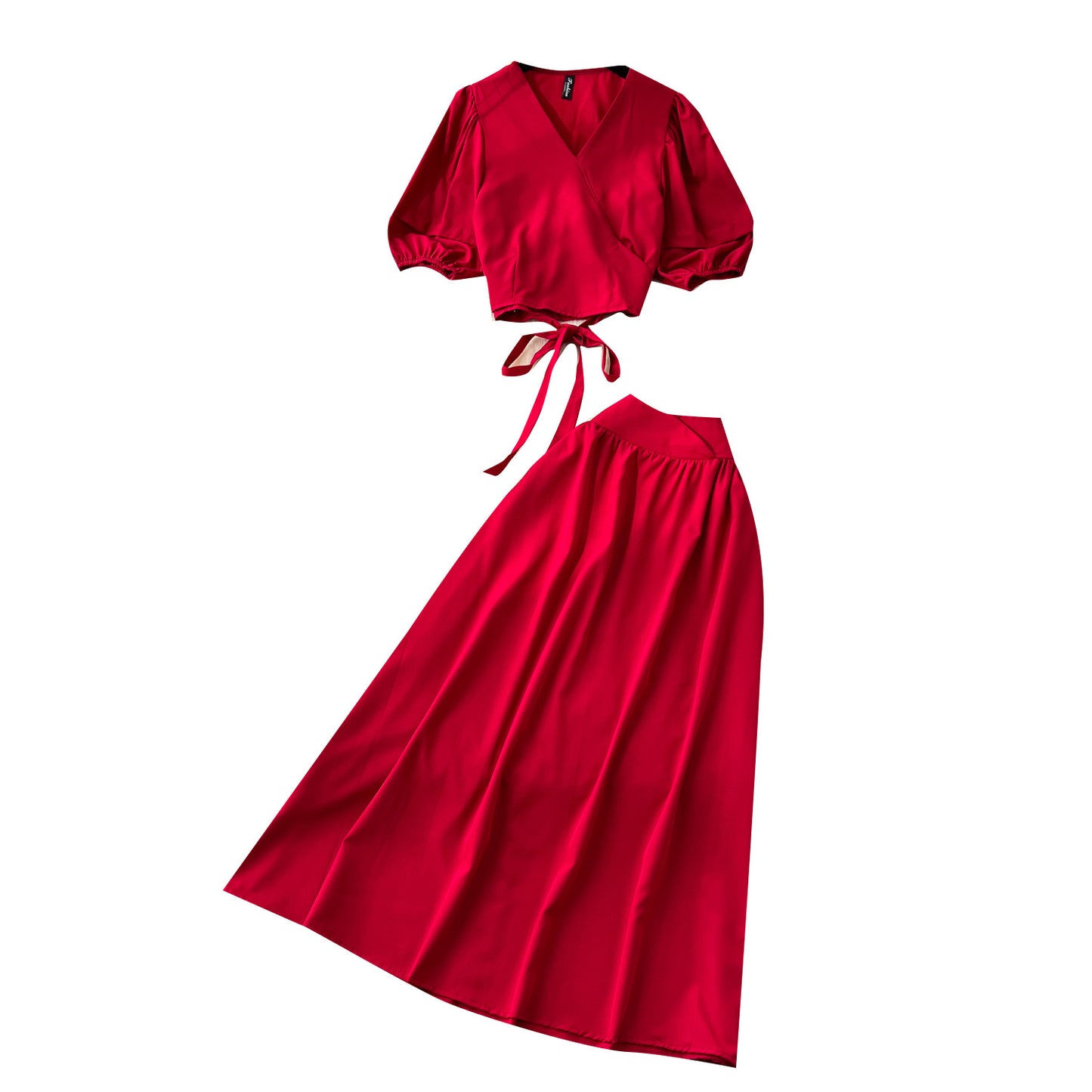 V-neck Puffed-sleeve Shirt Skirt Set