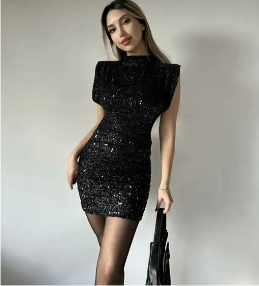 Sleeveless Shoulder Sequins Socialite Dress