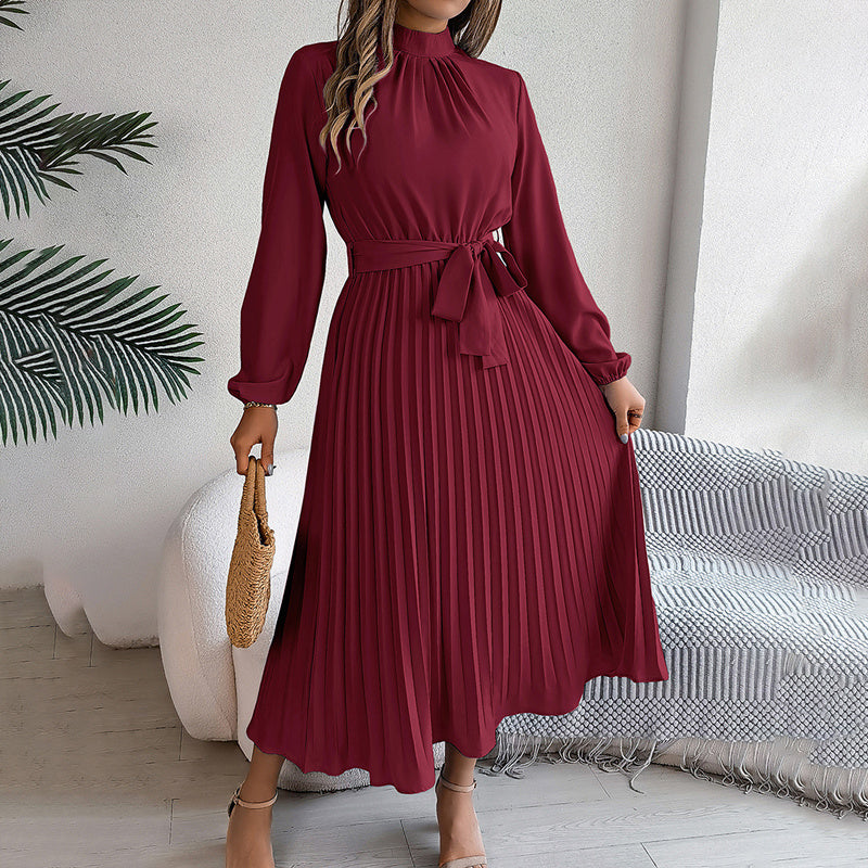 High Neck Long Sleeve Pleated Maxi Dress