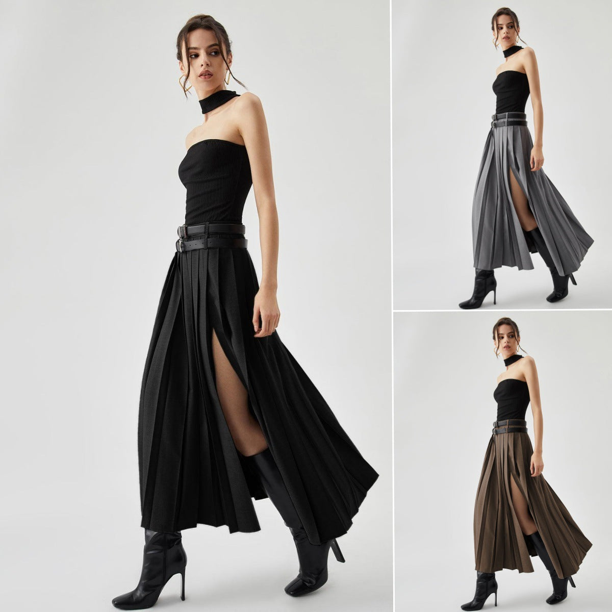 High waist slit pleated skirt from M Chic Boutique, featuring elegant pleats and a stylish slit for a chic look.