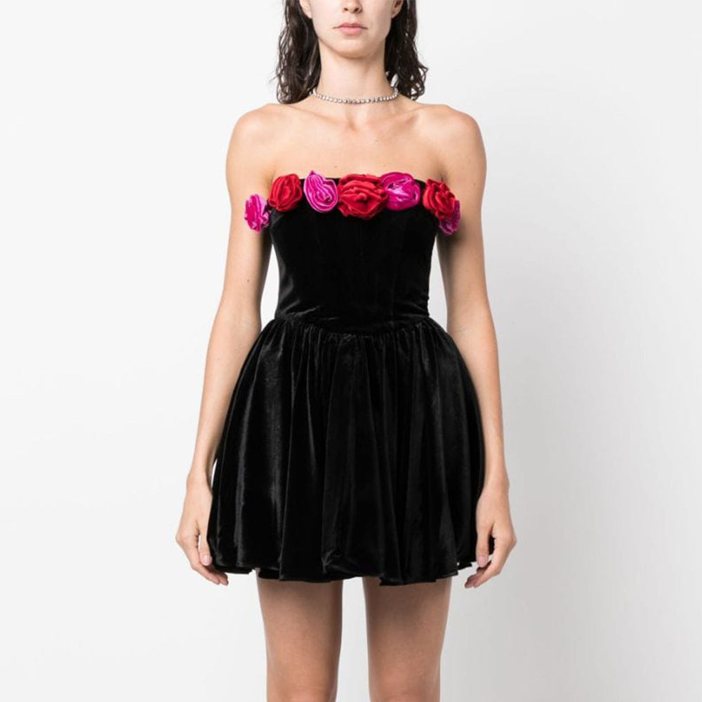 Tube Top Flower Decoration Contrasting-color Dress