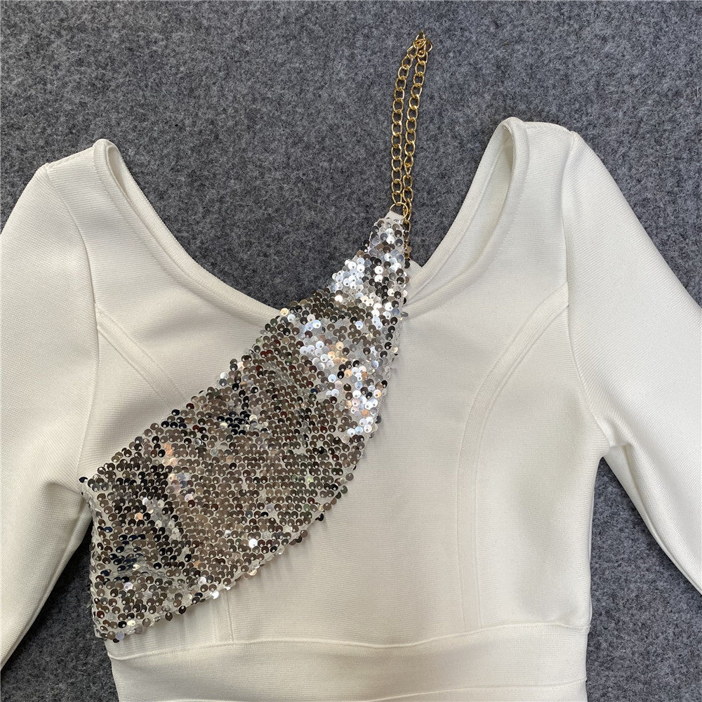 Solid Elegant Sequin Long Sleeve Bandage Dress