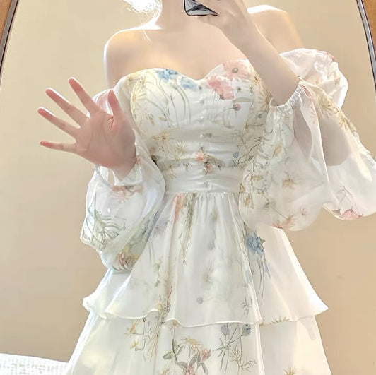 Waist-tight French Style Long Sleeve Floral Dress