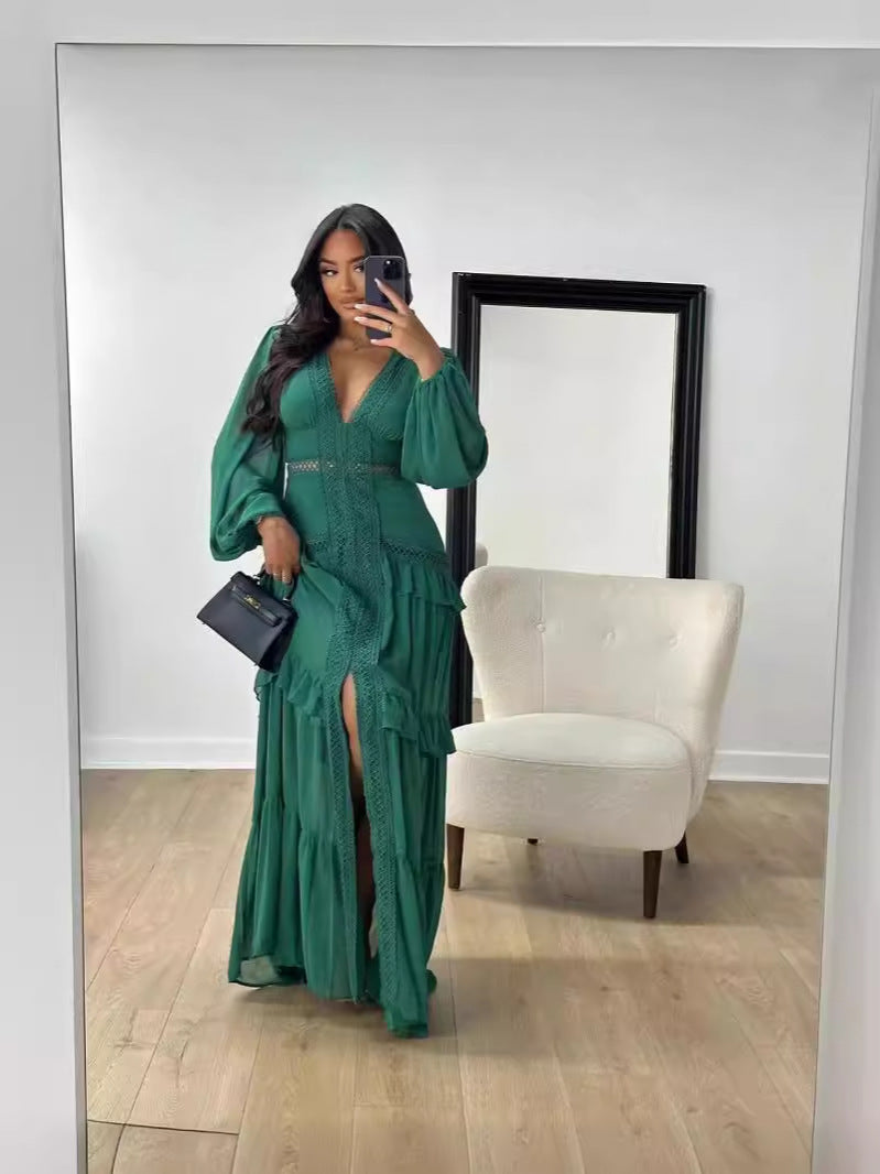 Stitching Long Sleeve Elegant V-neck Dress