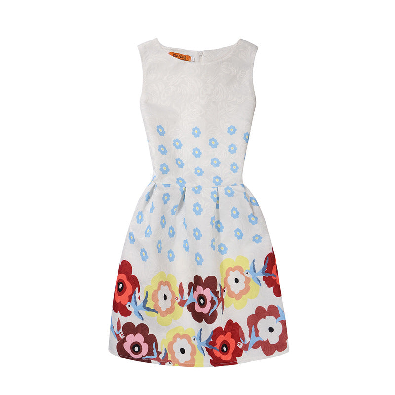 M Chic Boutique printed A-line dress featuring a colorful floral pattern and a flattering silhouette on a mannequin.