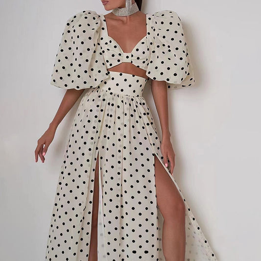 Puff Sleeve Slit Polka Dot Dress