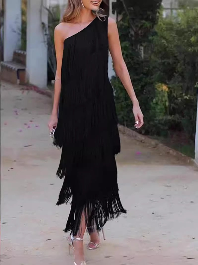 Solid Color Diagonal Multi-layer Tassel Dress