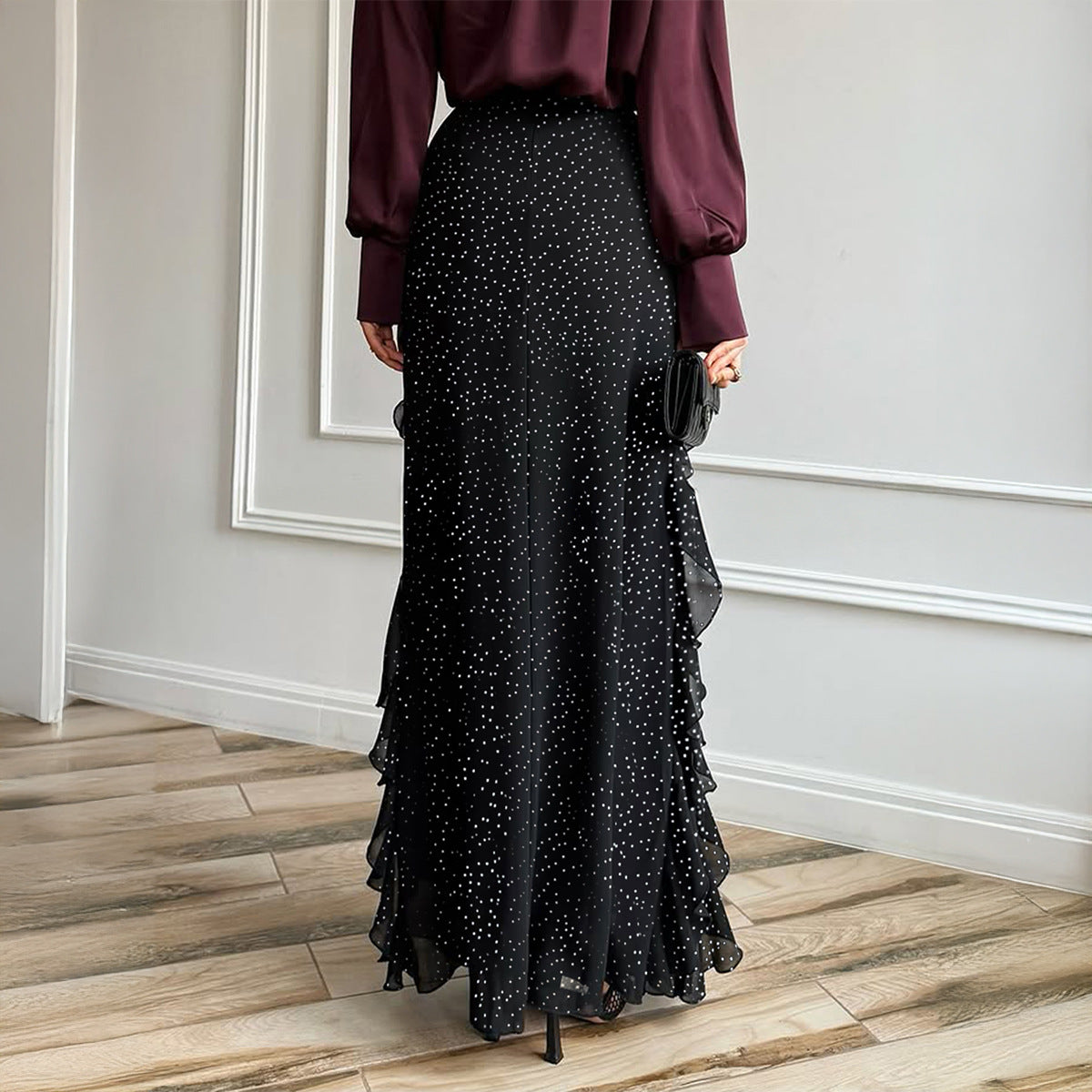 Polka-dot lace long skirt from M Chic Boutique, featuring a flowing design and intricate lace detailing.