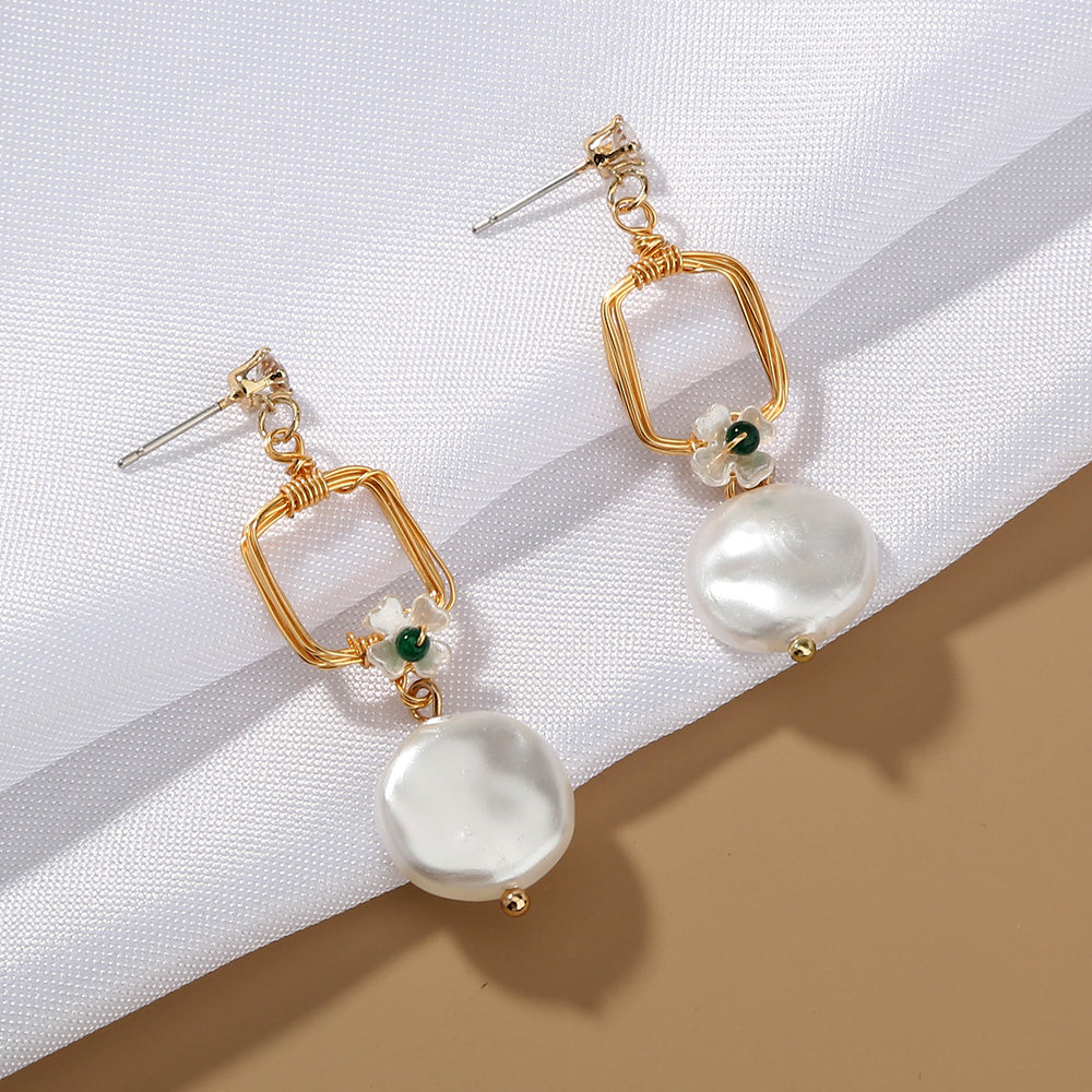 Long geometric baroque pearl earrings