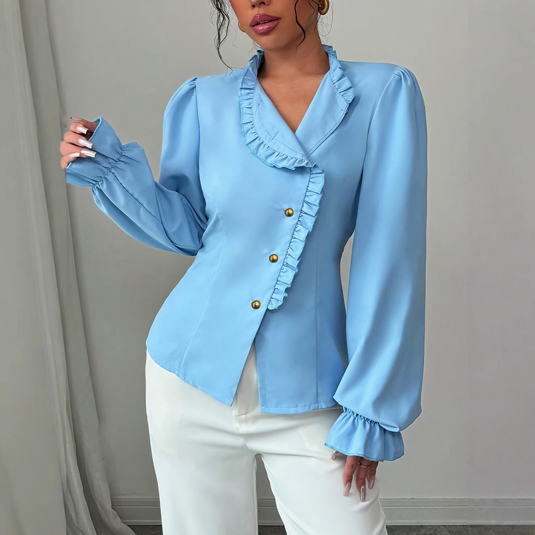 Women's Elegant French Asymmetrical Button-down Long Sleeve Blouse